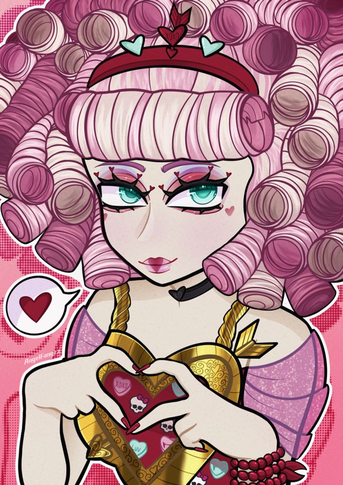 Fanart of C.A Cupid, from Monster High Gen 3, making a heart with her hand and looking at the viewer. The overall colour theme is pinks, white and red. 
