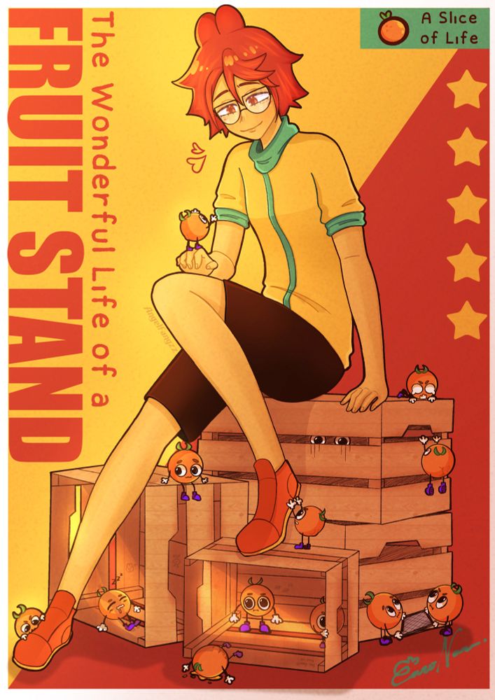 Fanart for Taronari!! Nari is an orange bunny with a yellow and green jacket, they have knee length black shorts and orange shoes. They are sitting on fruit crates and their mascot, Toranges, are hiding out in them. The overall colour scheme is yellow and orange. 