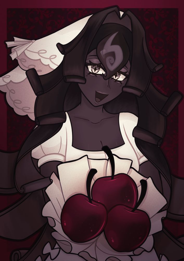 A drawing of Black Forest Cookie, a character from Cookie Run Kingdom, holding her cherry bouquet smiling at the camera. The overall colour scheme is brown, white and red. 