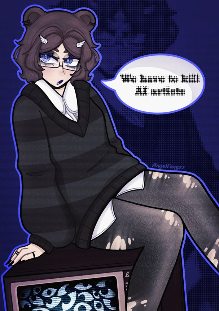 A drawing of Angel’s persona, who is sitting on an old style TV (the screen is a dark void with eyes filling it). They are leaning back with a speech bubble that has distorted text in it. The overall colour scheme is blues and blacks. 