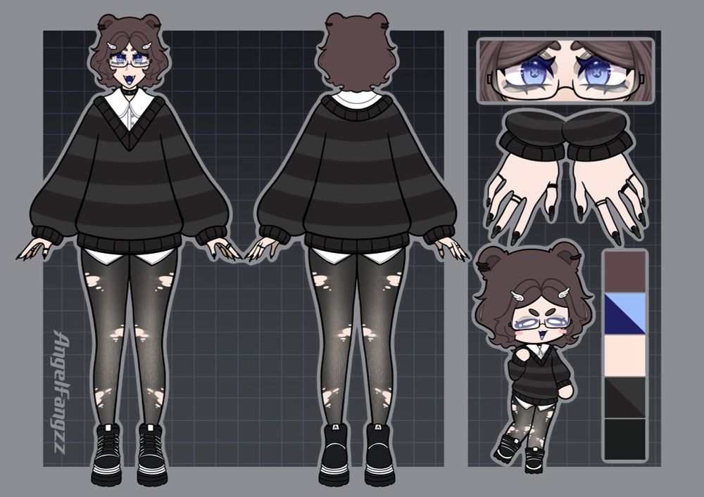 A front and back reference of Angel’s persona. They have short brown hair with bear ears, a black and gray striped sweater and ripped tights. 