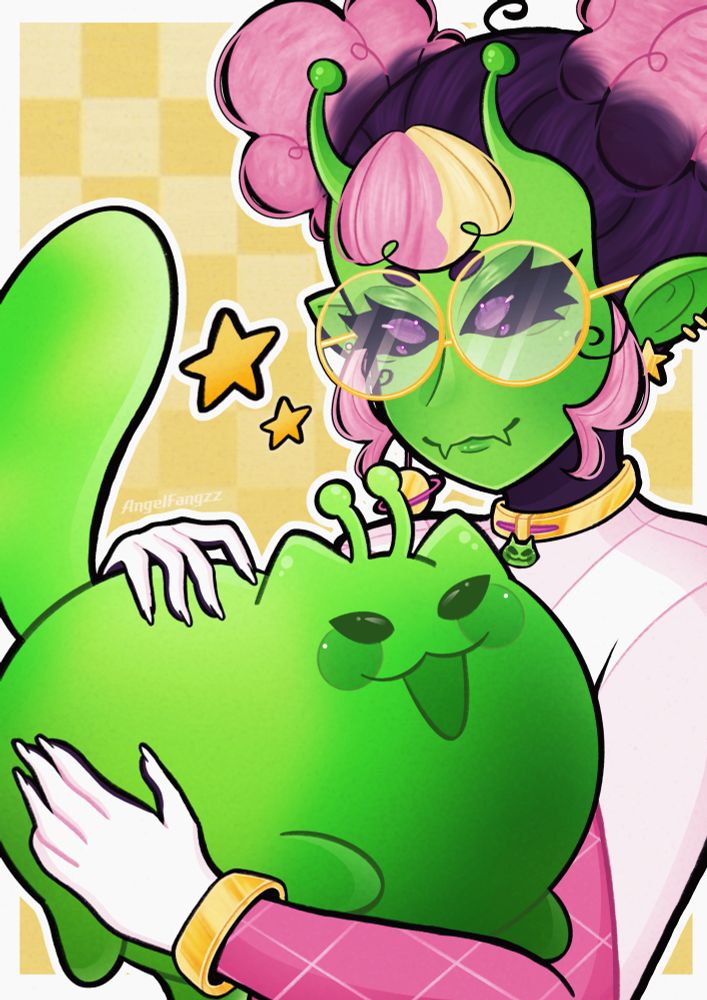 A fanart of Cherrichus’ recently debuted alien model. They are holding glorp cat, the alien version of their mascot buttcat. The overall colour scheme is green, pink and yellow. 