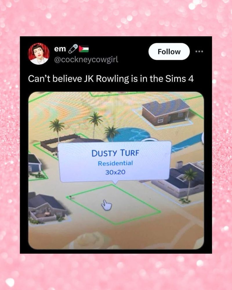 twitter screenshot

em @cockneycowgirl
Can't believe JK Rowling is in the Sims 4

sims 4 screenshot in del sol valley, hovering over the lot

DUSTY TURF
Residential
30x20