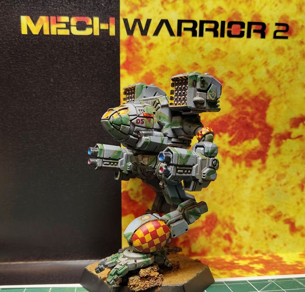 Recreation of cover art of PC game Mechwarrior 2 the clans from 1995, a timber wolf battle mech in front of a field of fire