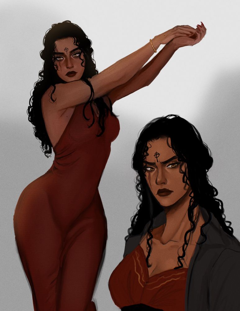 Two drawings of my oc Evelyn. She has tanned skin and long curly black hair. She wears dark red lipstick and has a scar on her left eye