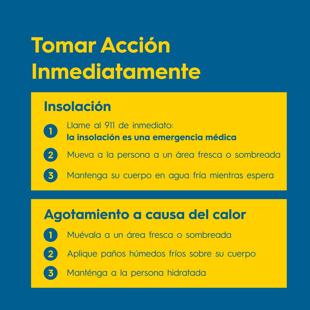 TOMAR ACCIÓN INMEDIATAMENTE

Insolación
1. Llame al 911 de inmediato: la insolación es una emergencia médica
2. Mueva a la persona a un área fresca o sombreada
3. Mantenga su cuerpo en agua fría
mientras espera

Agotamiento a causa del calor
1. Muévala a un área fresca o sombreada
2. Aplique paños húmedos fríos sobre su cuerpo
3. Manténga a la persona hidratada
