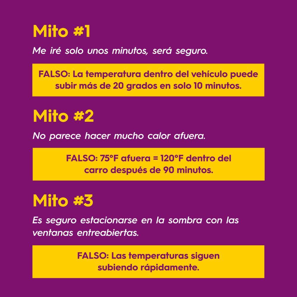 Mito #1
Me iré solo unos minutos, será seguro.
FALSO: La temperatura dentro del vehículo puede subir más de 20 grados en solo 10 minutos.
Mito #2
No parece hacer mucho calor afuera.
FALSO: 75 °F afuera iguala a 120°F dentro del carro después de 90 minutos.
Mito #3
Es seguro estacionarse en la sombra con las ventanas entreabiertas.
FALSO: Las temperaturas siguen subiendo rápidamente.
