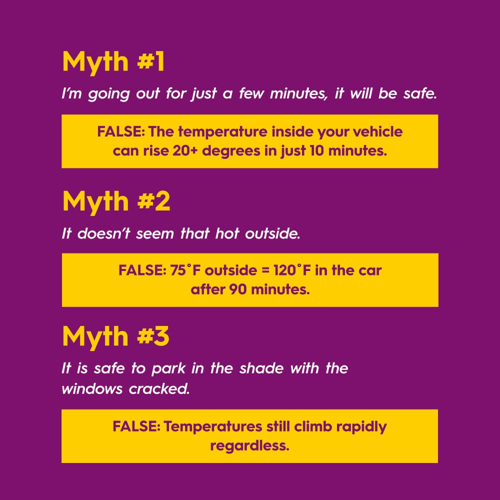 Myth #1
I’m going out for just a few minutes, it will be safe.
FALSE: The temperature inside your vehicle can rise 20+ degrees in just 10 minutes.
Myth #2
It doesn’t seem that hot outside.
FALSE: 75˚F outside = 120˚F in the car after 90 minutes.
Myth #3
It is safe to park in the shade with the windows cracked.
FALSE: Temperatures still climb rapidly regardless.
