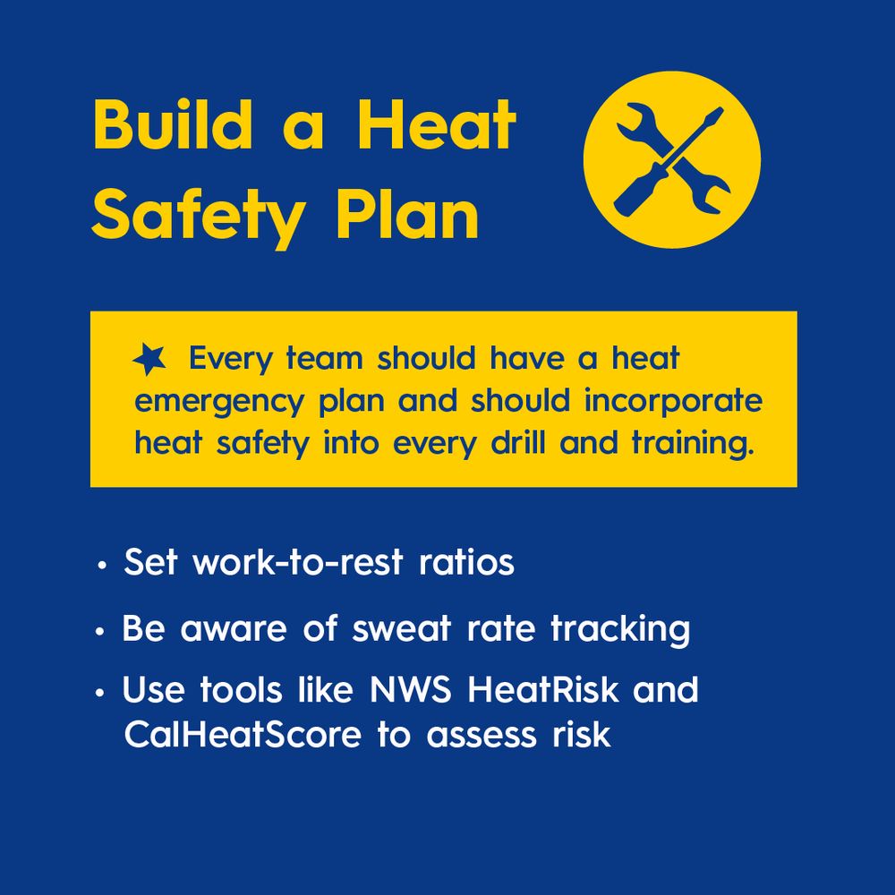 Build a Heat Safety Plan. 
Every team should have a heat emergency plan and should incorporate heat safety into every drill and training. 
Set work-to-rest ratios.
Be aware of sweat rate tracking.
Use tools like NWS HeatRisk and CalHeatScore to assess risk.