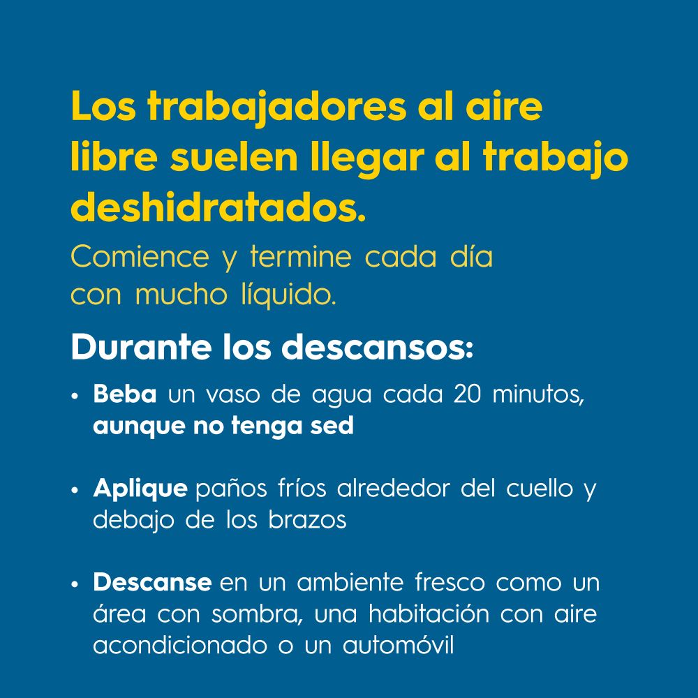 Los trabajadores al aire libre suelen llegar al trabajo deshidratados.
Comience y termine cada día con mucho líquido.

Durante los descansos:
• Beba un vaso de agua cada 20 minutos, aunque no tenga sed
• Aplique paños fríos alrededor del cuello y debajo de los brazos
• Descanse en un ambiente fresco como un área con sombra, una habitación con aire acondicionado o un automóvil
