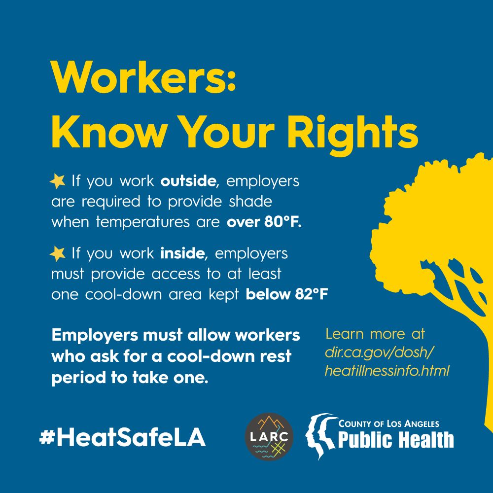 Workers: Know Your Rights

If you work outside, employers are required to provide shade when temperatures are over 80°F.
If you work inside, employers must provide access to at least one cool-down area kept below 82°F.
Employers must allow workers who ask for a cool-down rest period to take one.

Learn more at dir.ca.gov/dosh/heatillnessinfo.html
#HeatSafeLA
