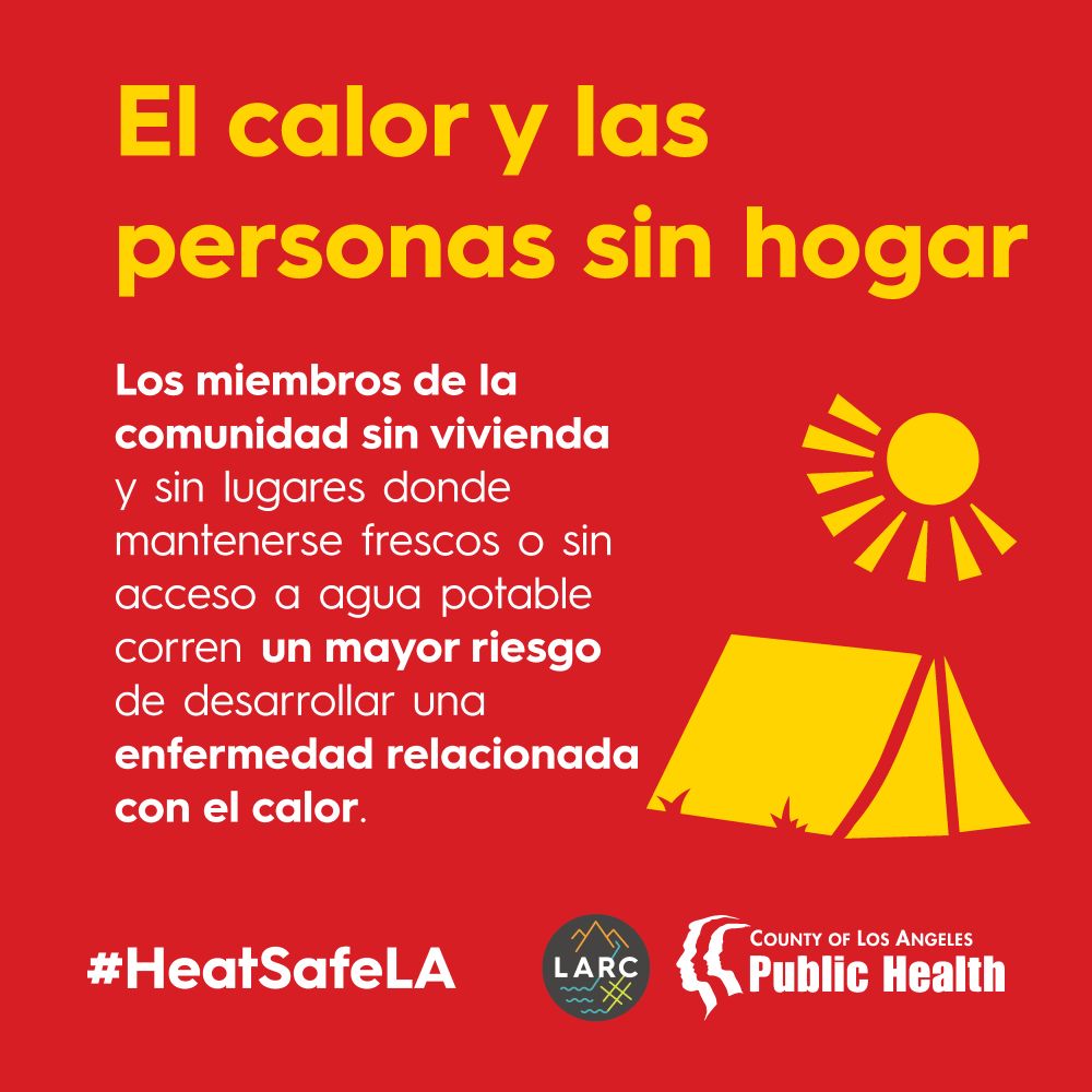 El calor y las personas sin hogar.

Los miembros de la comunidad sin vivienda y sin lugares donde mantenerse frescos o sin acceso a agua potable corren un mayor riesgo de desarrollar una enfermedad relacionada con el calor.

#HeatSafeLA →
