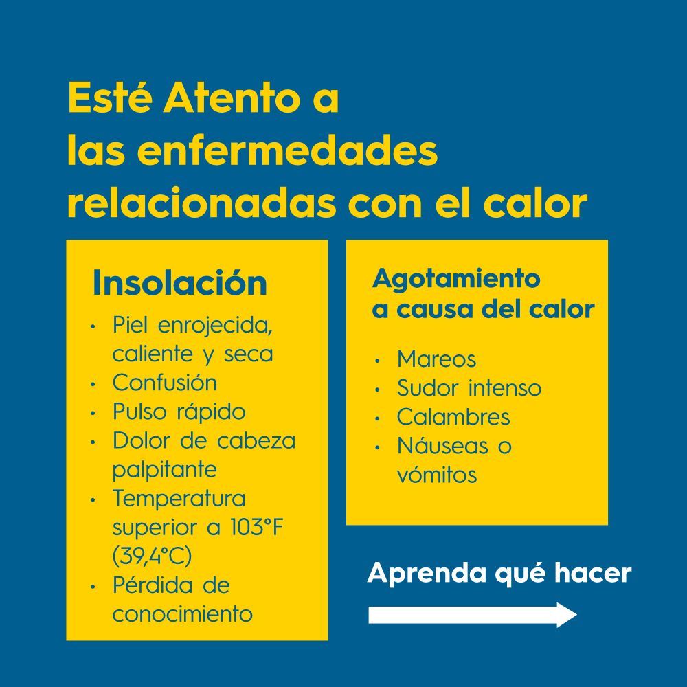 ESTÉ ATENTO a las enfermedades relacionadas con el calor

Insolación
• Piel enrojecida, caliente y seca
• Confusión
• Pulso rápido
• Dolor de cabeza
palpitante
• Temperatura superior a 103°F (39,4°C)
• Pérdida de conocimiento

Agotamiento a causa del calor
• Mareos
• Sudor intenso
• Calambres
• Náuseas o vómitos

Aprenda qué hacer
