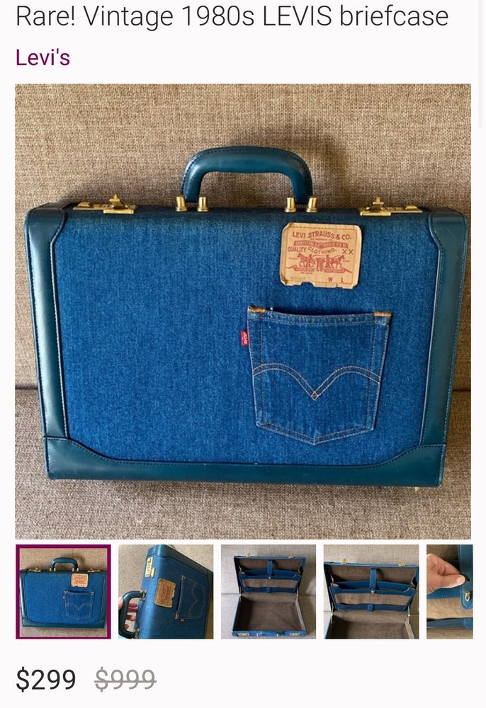 A Poshmark listing for “Rare! Vintage 1980s Levi’s briefcase,” a briefcase made from denim that has a Levi’s tag and a jeans butt pocket on the side. It’s $299