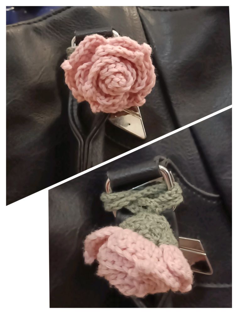 Crocheted pink rose flower, it is bag charm 