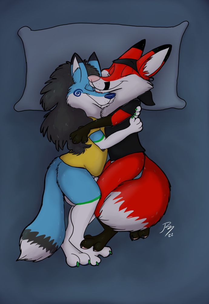 A drawing of a blue folf and a red fox cuddling together face to face in a bed.