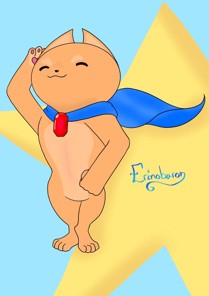 A pup, Vtuber Buffpup's mascot, wearing a blue cape tied with red gem on the front.