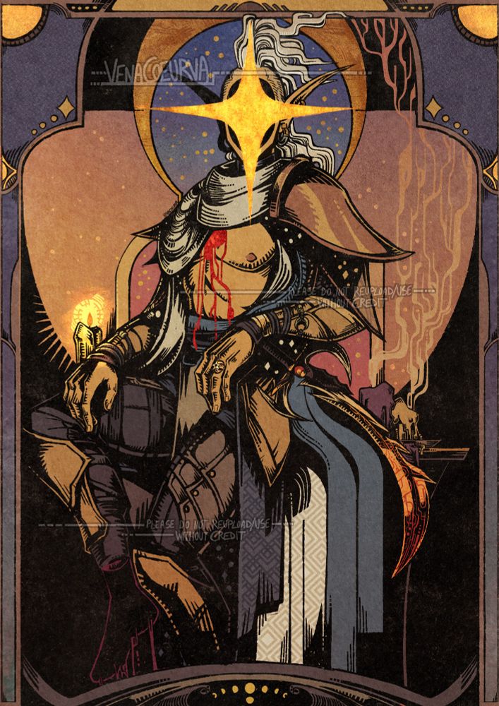 A drawing of Nerevar sitting on a shrine with a window at twilight as a backdrop. There is a lit candle to the left and to the right are extinguished smoking ones at his back. He has no face and it’s covered by a gold leaf 4 pointed star, blood is running down his chest, and his feet are merely red bleeding outlines. His left wrist is rested on the hilt of Trueflame.