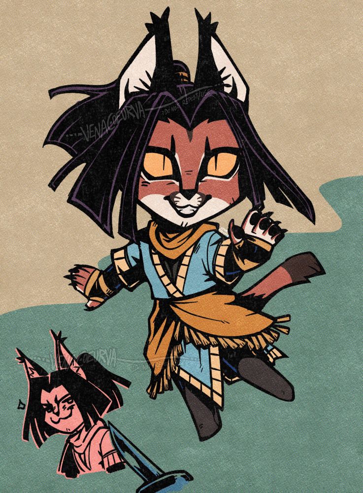 A drawing of my Nerevarine, Wren, as a khajiit resembling a caracal. He is chibi and striking a pose with a grin and with his arms outstretched, showing his paw pads. A drawing in the lower left of him parodies the smug knife cat meme.