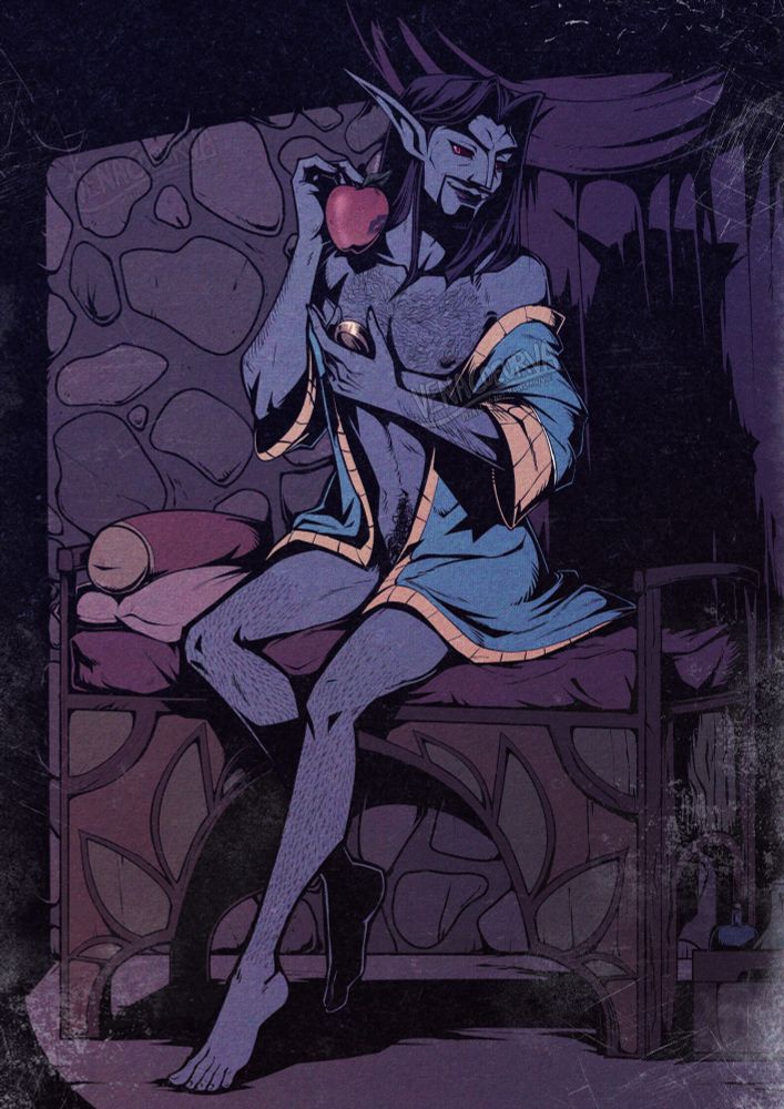 A drawing of my Nerevarine Wren sitting on a cushioned bench with leaf motifs, naked aside from his robe that is loosely bunched and hanging from his elbows and holding an apple with a dark lipstick mark on it in his right hand and a metal round makeup pot in the left, looking at the apple and smirking. His leg’s position is blocking his genitals.