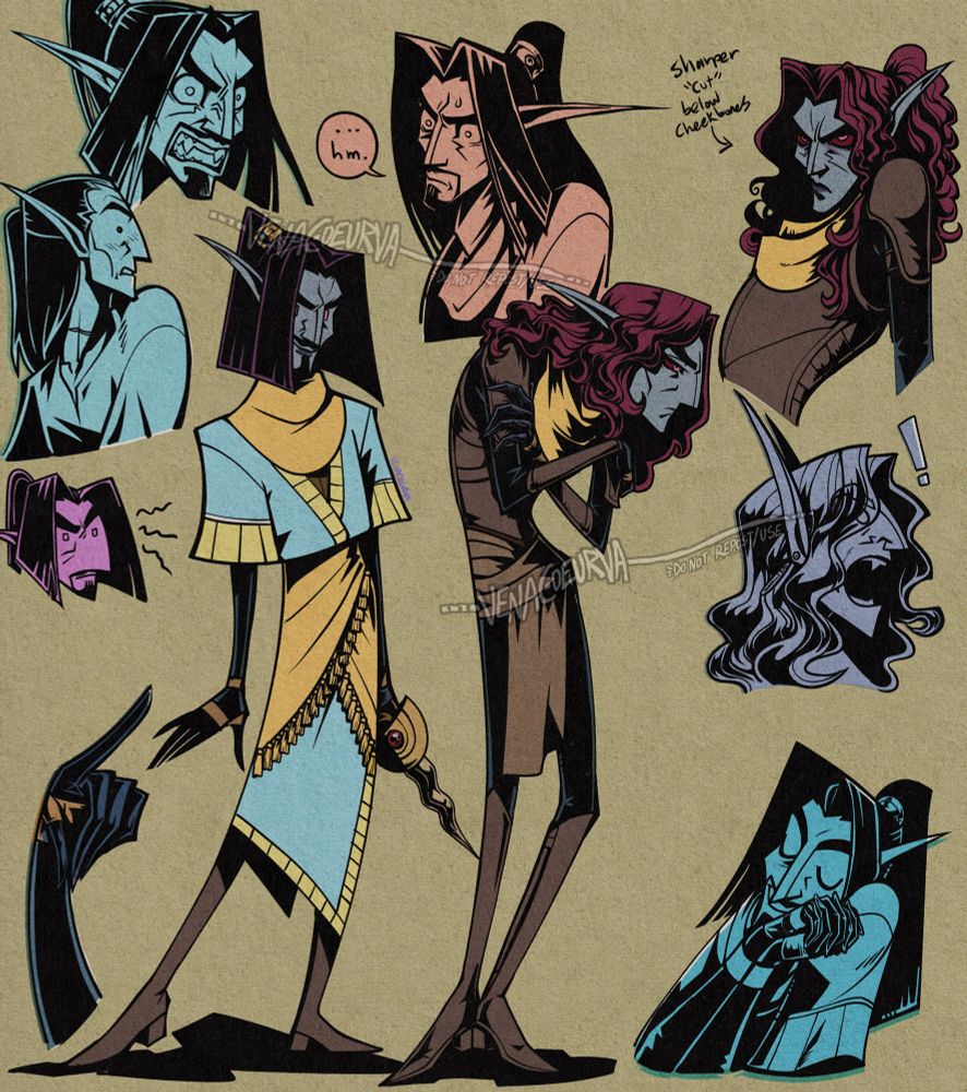 A doodle page of my Nerevarine, Wren. They’re mostly busts with various expressions, but also has two full body drawings of him during his time in Morrowind (blue robe) with a confident stance and him post Red-year and faked death slouching and arms folded.