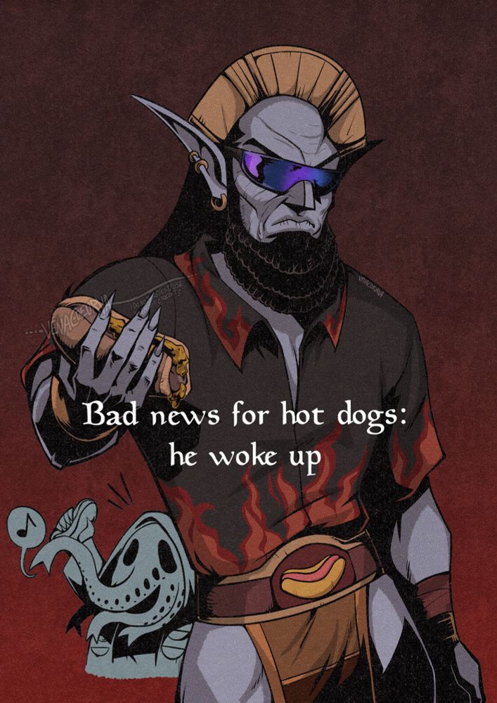 A redraw of the “Bad news for hot dogs: I woke up” from Harley Carmichael on TikTok with an ash vampire in a red flames button up and sunglasses holding a corprus meat hot dog and scowling and an ascended sleeper holding up a hot dog jubilantly. There is white text that says “Bad news for hot dogs: he woke up.”
