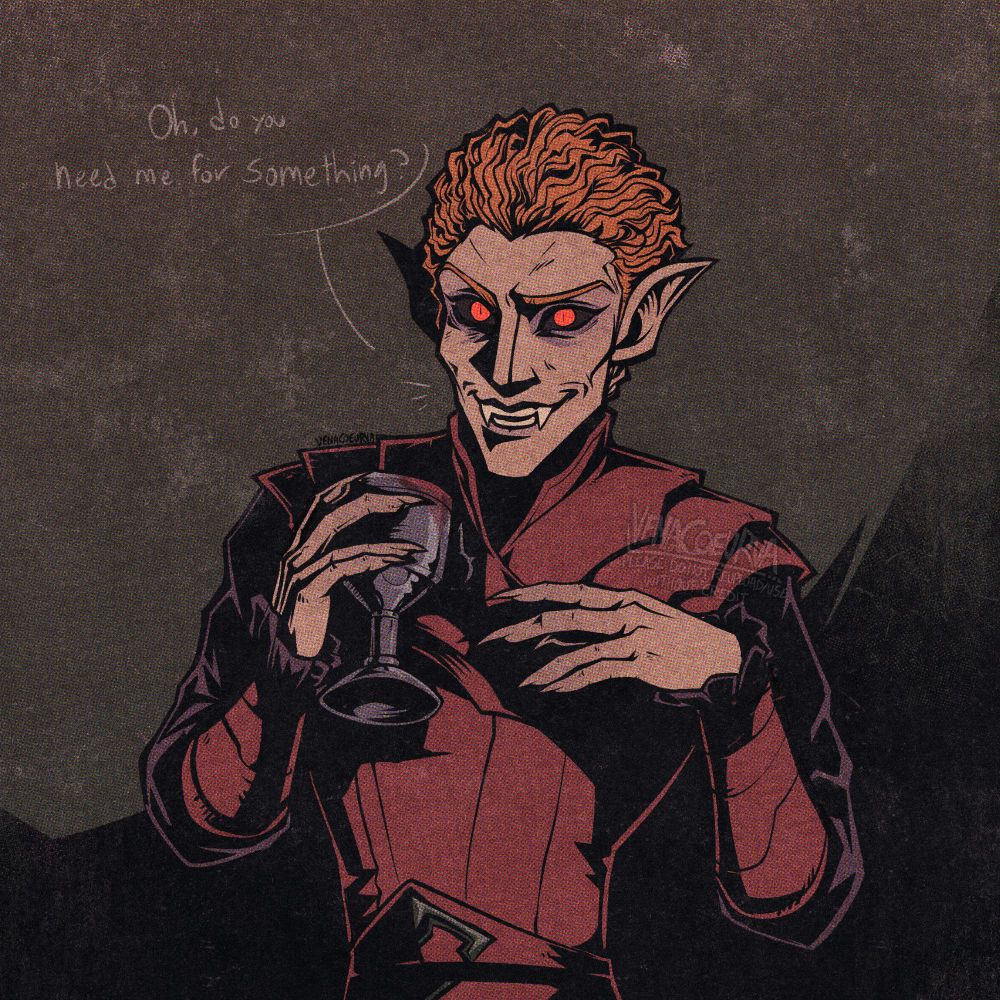 A drawing of Ronthil from Skyrim’s DaWnguard DLC somewhat sheepishly holding a bloody chalice and smiling. He’s asking if the viewer (presumed to be the LDB) need him for anything.