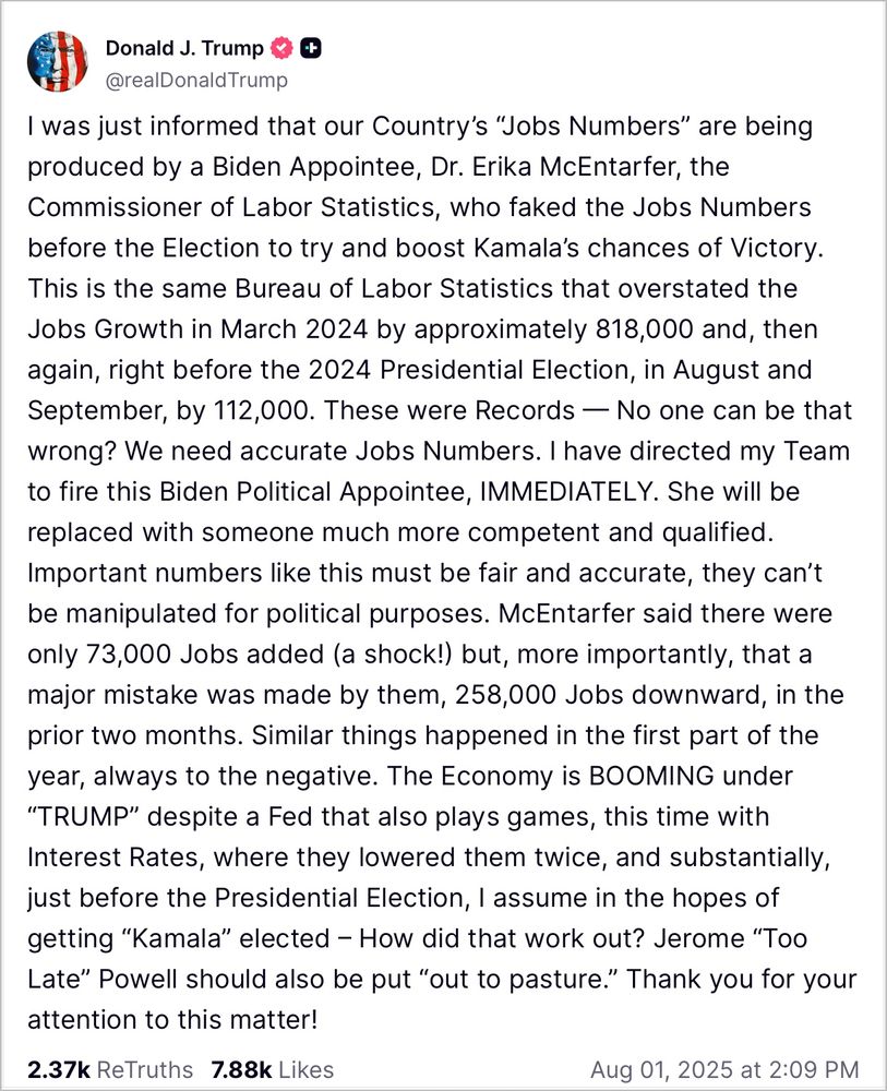 Donald J. Trump 9+
@realDonaldTrump
I was just informed that our Country's "Jobs Numbers" are being produced by a Biden Appointee, Dr. Erika McEntarfer, the Commissioner of Labor Statistics, who faked the Jobs Numbers before the Election to try and boost Kamala's chances of Victory.
This is the same Bureau of Labor Statistics that overstated the Jobs Growth in March 2024 by approximately 818,000 and, then again, right before the 2024 Presidential Election, in August and September, by 112,000. These were Records - No one can be that wrong? We need accurate Jobs Numbers. I have directed my Team to fire this Biden Political Appointee, IMMEDIATELY. She will be replaced with someone much more competent and qualified.
Important numbers like this must be fair and accurate, they can't be manipulated for political purposes. McEntarfer said there were only 73,000 Jobs added (a shock!) but, more importantly, that a major mistake was made by them, 258,000 Jobs downward, in the prior two months. Similar things happened in the first part of the year, always to the negative. The Economy is BOOMING under
"TRUMP" despite a Fed that also plays games, this time with Interest Rates, where they lowered them twice, and substantially, just before the Presidential Election, I assume in the hopes of getting "Kamala" elected - How did that work out? Jerome "Too Late" Powell should also be put "out to pasture." Thank you for your attention to this matter!
2.37k ReTruths 7.88k Likes
Aug 01, 2025 at 2:09 PM