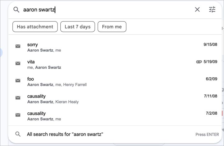Search for email correspondence with Aaron