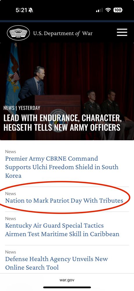 Screenshot of the Department of Defense home page. A recent news article is titled “Nation to Mark Patriot Day with Tributes.”