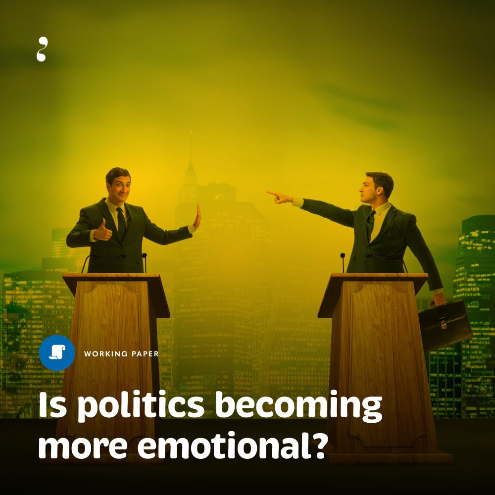 A visual representation questioning "Is politics becoming more emotional?", with two persons debating passionately. Above the text, blue icon represents a publication, while a smaller text reads, "working paper". Credit: MORES project. 