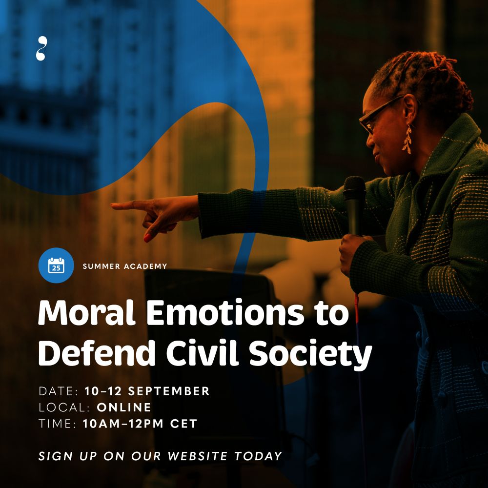 Image shows a woman holding a microphone and pointing her other forward. Title reads: "Moral Emotions to Defend Civil Society. Date: 10-12 September. Local: Online: Time: 10AM-12PM CET". Subtitle: Sign up on our website today. Credit: MORES/Colin Lloyd, Unsplash