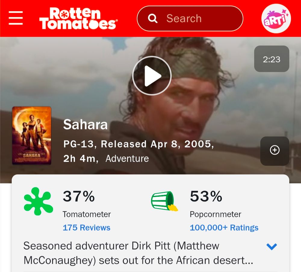 The rotten tomatoes web page for the 2005 film, Sahara, starring Mathew McConaughey as Clive Cussler's Dirk Pitt. 37% on the tomato meter. 53% on the popcorn meter.