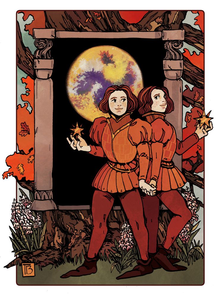 An illustration representing the zodiac sign of Gemini. A pair of twin youths stand back to back holding hands. They wear short medieval tunics in shades of orange and russet with long tight sleeves which are puffed at the shoulders and with high gold trimmed collars. There is subtle decoration on the bodice’s of the Gemini symbol. In their free hands they hold gold stars. Their hair is chin length and ginger; their skin pale and freckled. They are wearing tight hose and pointed shoes. Behind them is a frame of stone pillars topped with swirling carvings, within which we see the planet Mercury. Behind this is an English oak tree with orange leaves at the base of which grow light pink common spotted orchids.