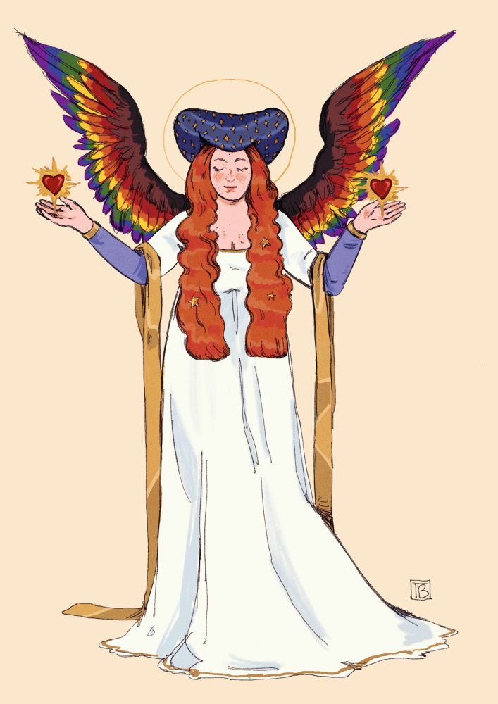 An illustration of an angel in a white medieval gown with gold trim and stuffed blue starry headdress. She has long ginger hair with stars in her eyes are closed with a serene expression. Her wings are the colours of the Philadelphia pride flag and in her outstretched hands she holds two hearts aglow.