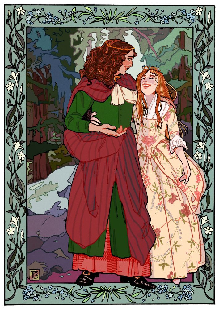 An illustration of a pair of trans vampire women in an old growth forest; arms around each other and smiling. The taller on the left has an aquiline nose & curly brown hair adorned with golden jewellery and a layered red and green outfit with buckled black shoes. The smaller on the right has long blonde hair & a delicate tiara; her dress is a cream robe à l'anglaise with painted floral decoration. The illustrated border is of jasmine and forget-me-not-flowers on a pale green background.
