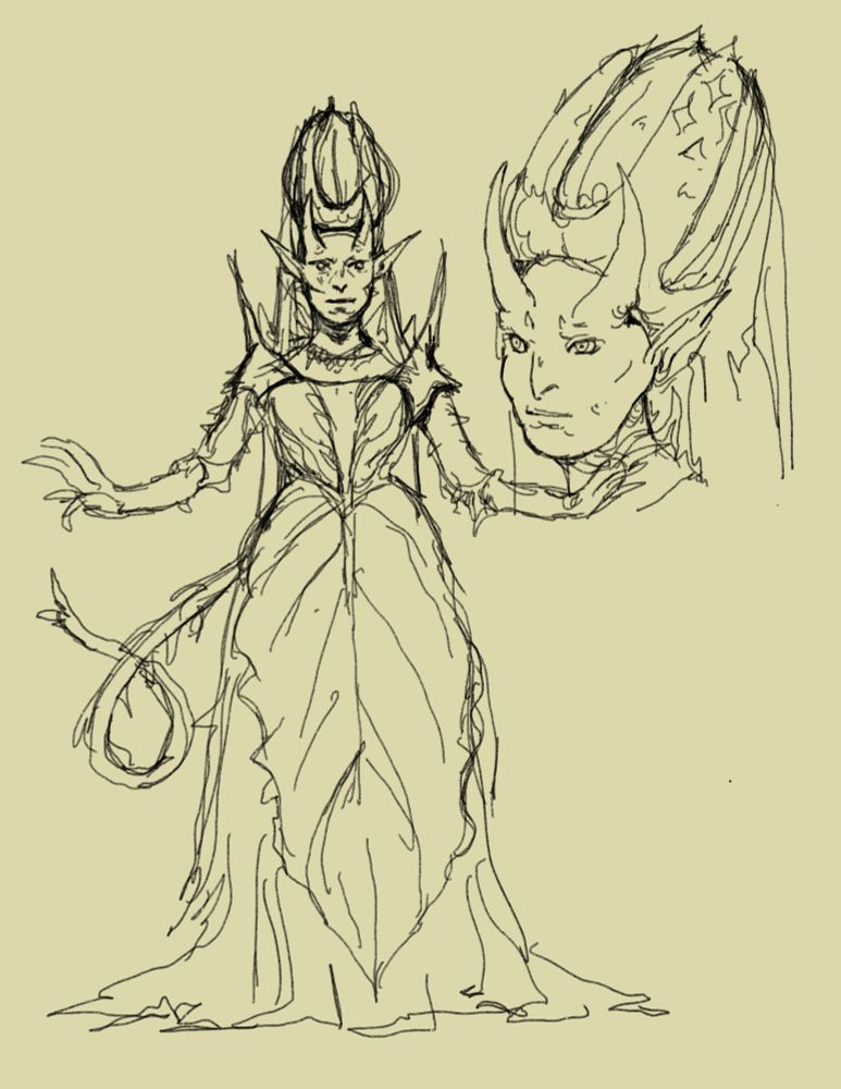 A sketch of the Briar Queen's full body design, which shows off her leaf and linen gown, with semi-armoured bodice, as well as a closer look at her head.
