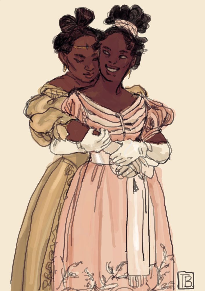 A digital sketch of two Black lesbians in 1830s dress. 

The figure in a pale gold-ish gown with voluminous off-shoulder elbow length sleeves & a low neckline stands behind her lover, arms wrapped around her with eyes downcast & a soft smile. She has a dainty piece of gold jewellery with a blue stone around her forehead & gold drop earrings. Her hair is parted in the middle, curled at the sides and a bow-like construction at the back.

The girl in front wears a pale pink gown with wide neckline & cream details, the sleeves are short but poof out. A cream sash with a bow is tied at the waist. She is holding on to the arms of her lover around her, looking back with an open smile. Her hair is tied up and parted in the middle with ringlets.

Both ladies wear cream gloves.