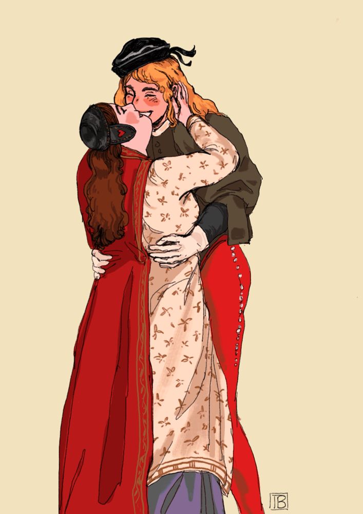 An illustration of a butch/femme lesbian couple in 15th century Renaissance dress. The butch has their hands around the femme’s waist as she leans up towards them, smiling & gently caressing their face.