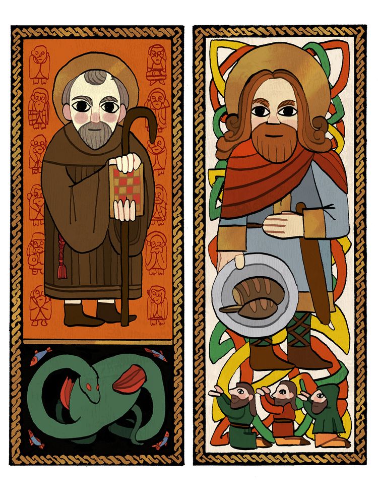 Illustrations done in an early medieval manuscript & Pictish artwork inspired style of St. Columba and St. Oswald.

L: Columba is dressed in a brown monk's habit and has a grey beard and thinning hair. He holds a book with a red and gold chequerboard pattern cover and a simple crozier. He is on an orange background with stylised representations of his 12 companions in red linework. In a section beneath, on a black background is the Loch Ness monster and fish.

R: Oswald is dressed in a blue tunic with gold edges and a red cloak. He has chestnut coloured beard & long hair which is curled and long. He has a scabbard at his waist and holds out a silver plate of bread. He wears cross-gartered boots over green leggings. Below are 3 figures shown much smaller representing those he is giving alms to. Behind is a knotwork design in yellow, orangey red, and green.