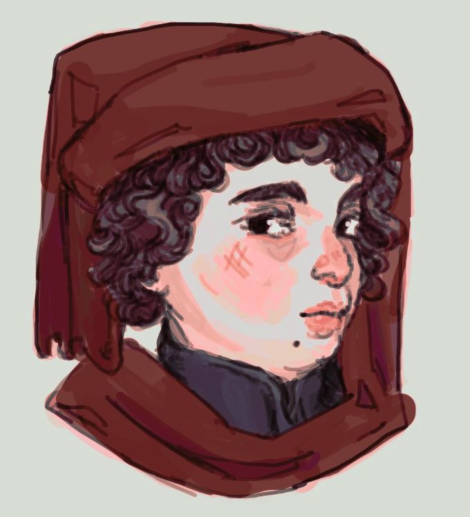 A headshot illustration of a white woman with brown curly hair wearing a red chaperon with one end wrapped around her shoulder loosely. She has a mole under her mouth.