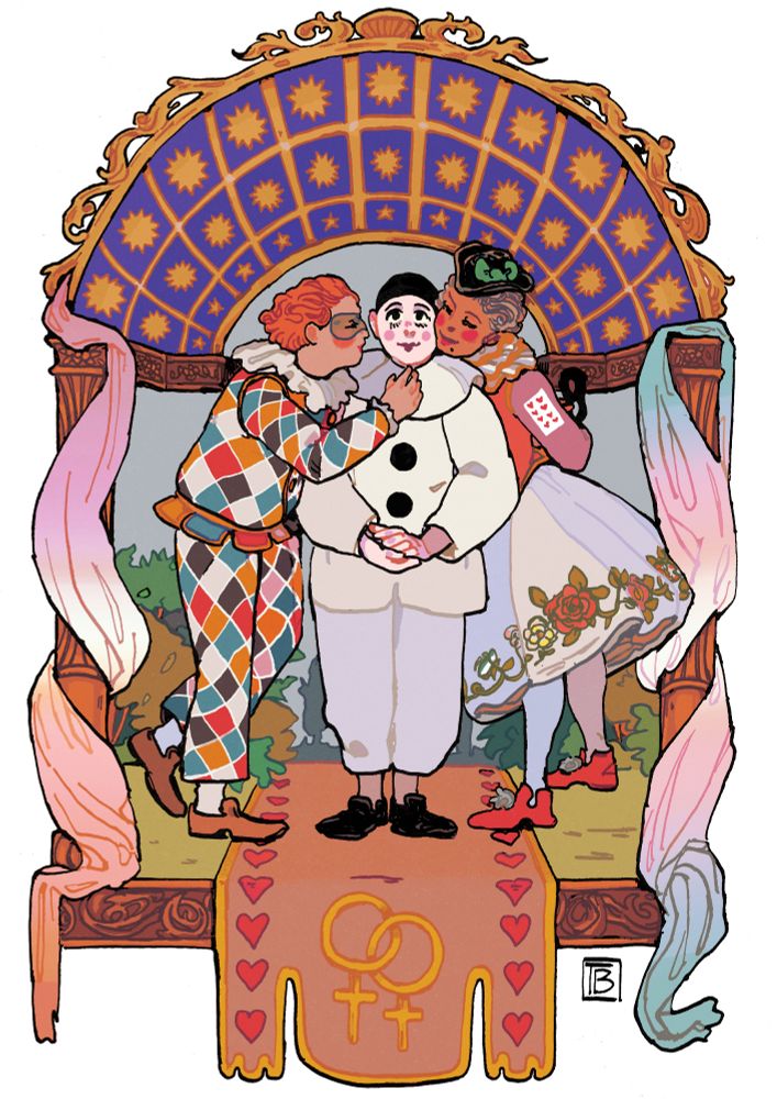 An illustration of three lesbians in commedia dell'arte dress. Pierrot in the centre is smiling bashfully with hands clasped as a red haired Harlequin an silvery haired Columbine give him flirtatious attention. Pierrot is wearing a tightfitting black cap, all white makeup & a baggy white clown suit with ruffle & black shoes. Harlequin wears a half-mask, ruffle, black, red, white, blue & yellow diamond suit with brown shoes. Columbine wears a small tricorne hat with a green bow, a gold trimmed ruffle and a dress with pink bodice, ballet style skirt with flower embroidery & red shoes. She has a playing card on her upper arm of the 8 of hearts. She has bright rouge on her brown skin and a beauty mark.

The background is a stylised landscape of foliage within a brown wooden frame, over which is a starry dome ceiling. The pillars are wrapped in drapery in the colours of the lesbian and trans flags. They are standing on a banner with interlocked Venus symbols & hearts on.
