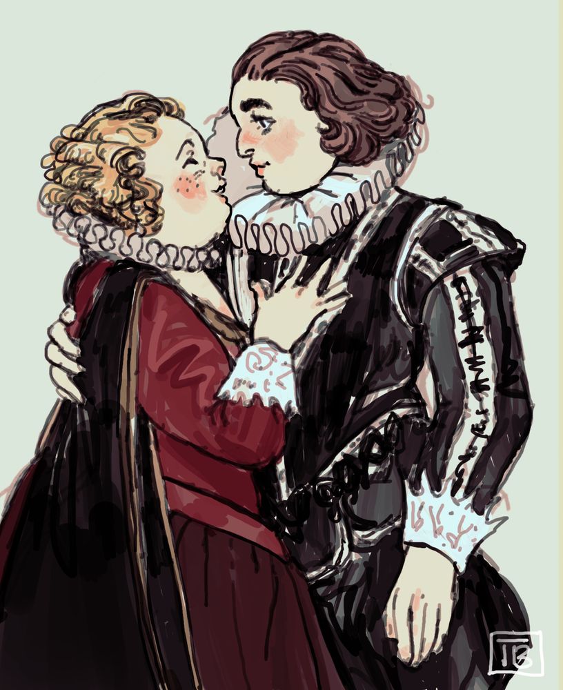 A lesbian couple in 1620s attire look at each other fondly. The femme is wearing a red dress with long hanging black sleeves. Her hair is tightly curled & blonde, her hand resting on the butch's chest. The butch has her hand gently on the femme's back. She has brown chin length-hair and wears a black doublet with black ribbons on. They both have ruffs about their necks.