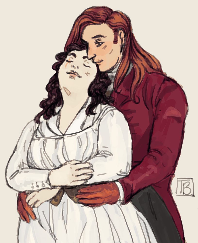 An illustration of Elliott from Stardew Valley and the commissioner's character Leonora in 1790s European dress. Leonora is leaning into Elliott, wrapping her arms around her middle as he holds her waist, her eyes are closed blissfully. She has wavy dark brown hair and is wearing a white linen gown, tied at the waist with a green ribbon. She has a scar over her right eye. Elliott has long straight chestnut hair and wears a short red jacket, dark breeches and a high collar shirt with cravat. He also has orangey-brown gloves.