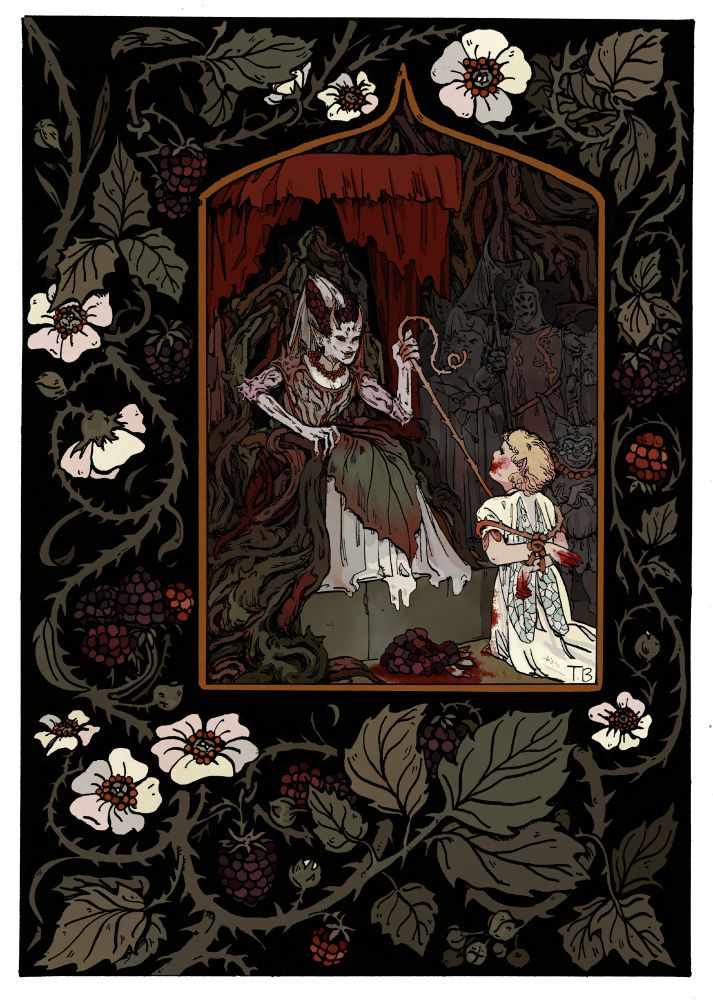 An illustration within a pointed frame surrounded by a decorative border. In it an eldritch looking fairy, the Briar Queen sits on a thorny throne. She has gnarled white skin which seems to merge with her bodice and spiked pauldrons. Her skirts are white beneath a leafy overskirt. Her tall hennin with diaphanous veil which falls behind is partly made of blackberry nodules. She has horns and pointed ears, black sclera and red pupils.

She menacingly is holding a thorny rope/whip which is tying up a blonde fairy in a shibari-esque fashion. The prisoner has been caught eating the blackberry fruit, left half-eaten on the floor- it's red juice covering her mouth and hands. She wears a white dress and has dragonfly wings.

Behind a motley crew of fairy courtiers looks on. The throne is on a raised dais with a ragged red curtain above.

The decorative border consists of a black background with twisting brambles, with blackberry flowers and fruits.