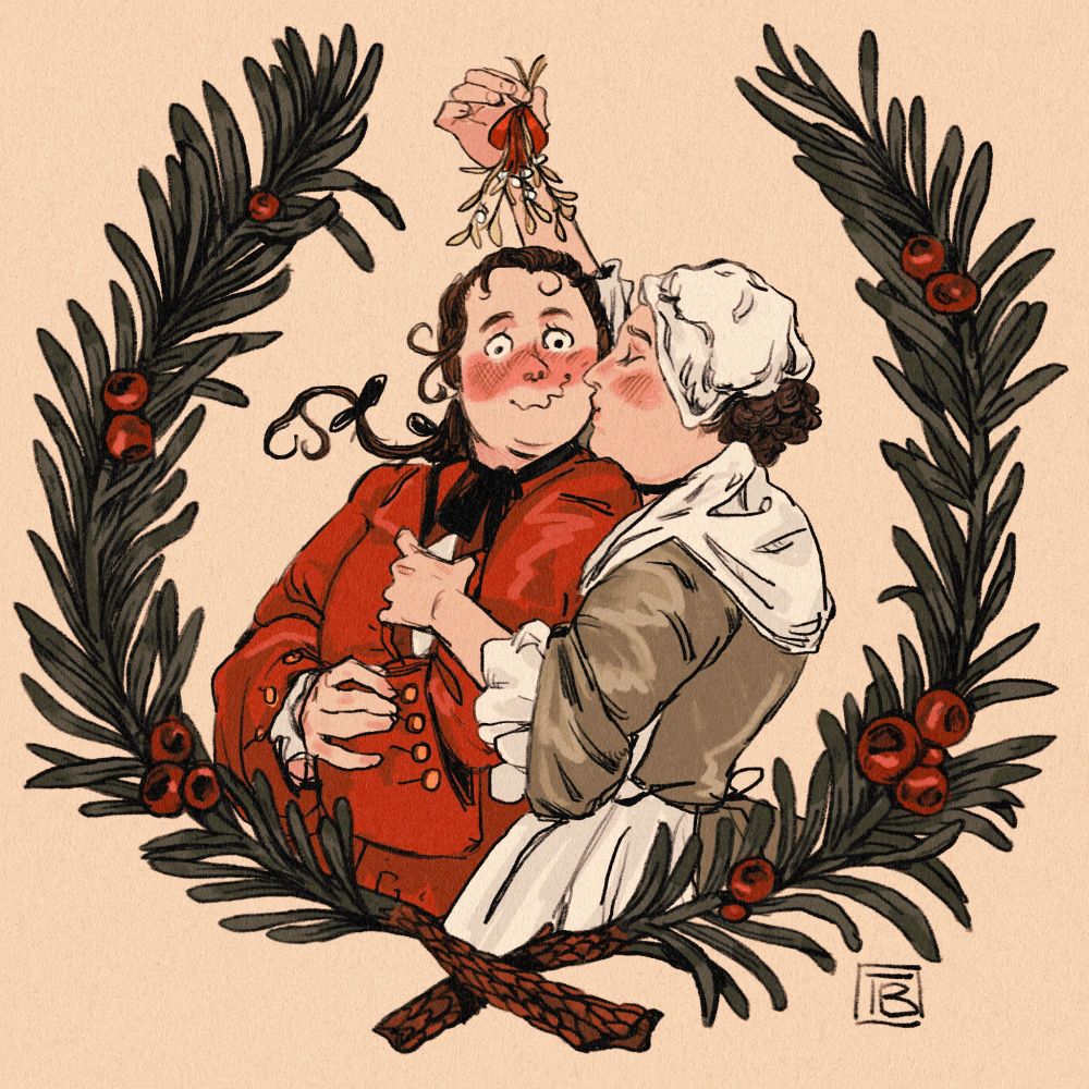 A drawing of a lesbian butchfemme couple in middle-class 18th century dress. The femme is holding a sprig of mistletoe above the butch's head and kissing their cheek, grabbing on to their collar with her other hand. The butch's face is flushed with a wiggly smile and wide eyes. They are bordered by yew branches with berries.