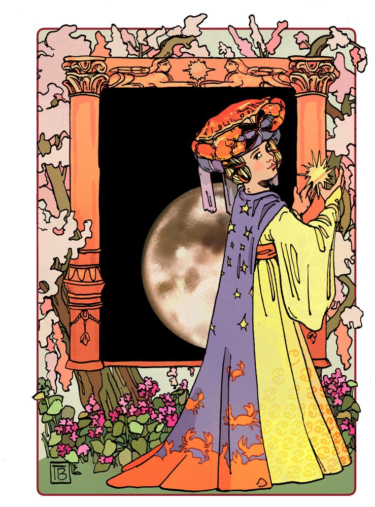 An illustration based around the zodiac sign Cancer. A woman in a long yellow medieval dress with wide sleeves stands to the side, looking over her shoulder at us. She has an orange sash belt & the bottom of the dress is faintly decorated with a pattern of the symbol for Cancer. She has an indigo cloak with stars at the top and trimmed with an orange crab pattern. Her blonde hair is bound in orange ribbon and she wears an indigo escoffion (stuffed hat) which is topped with a large orange crab. Behind her is an orange stone pillar frame with sphinx decoration within which is the Moon. In the background is an almond blossom tree and moonwort flowers on the ground. Between her hands floats a star.