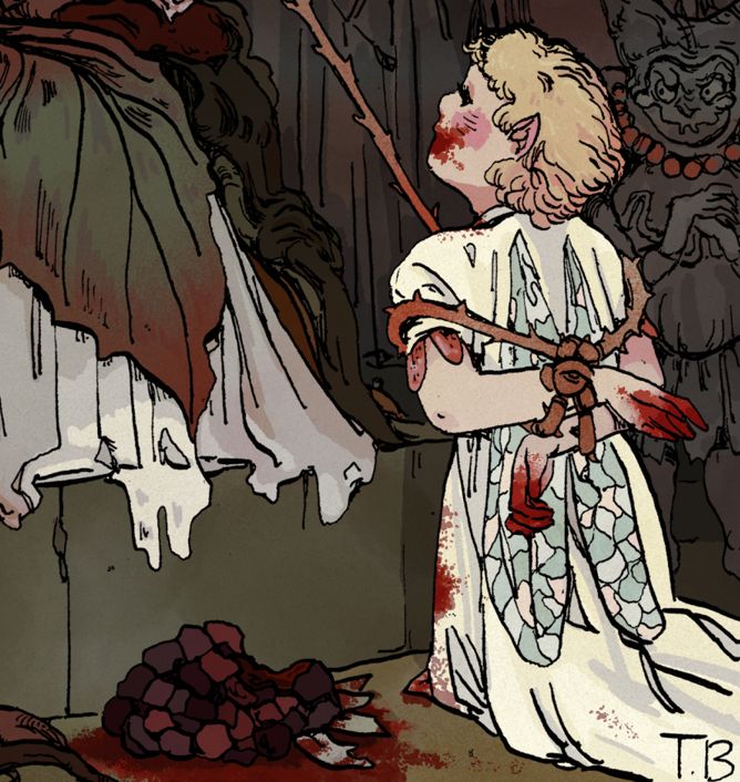 A close up of the captured fairy and her half-eaten blackberry.