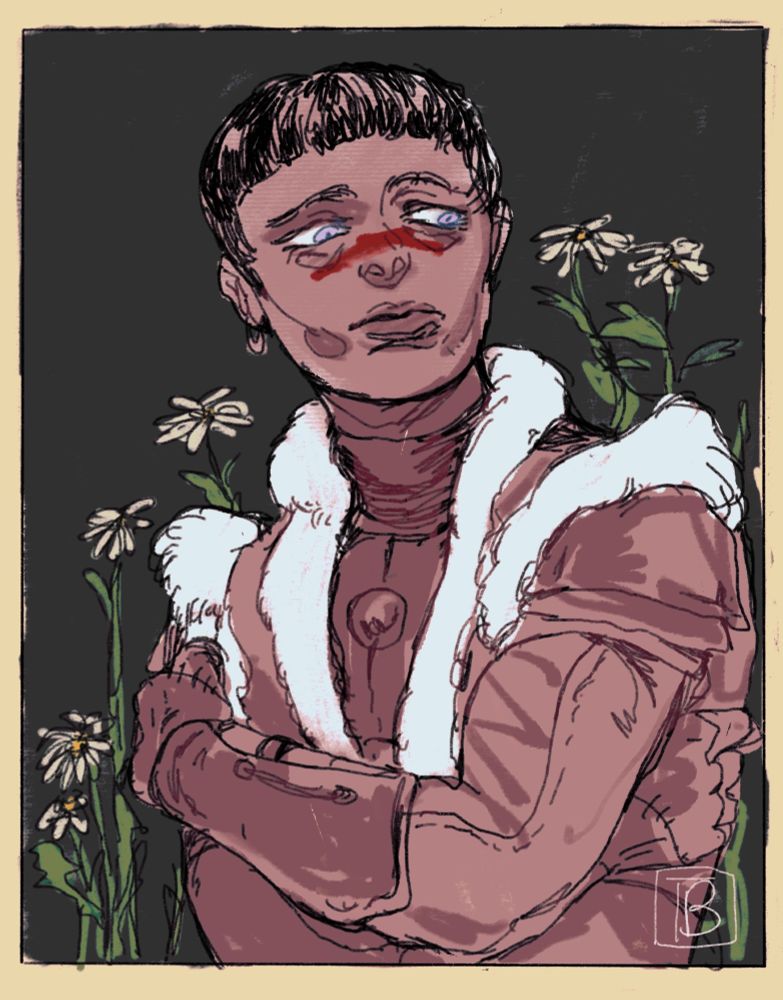 An illustration in a limited palette of muted red-browns, dark greys, white and greens of my custom female Hawke from Dragon Age 2. She is hugging her arms to her body and looking down. Behind her grow daisies.