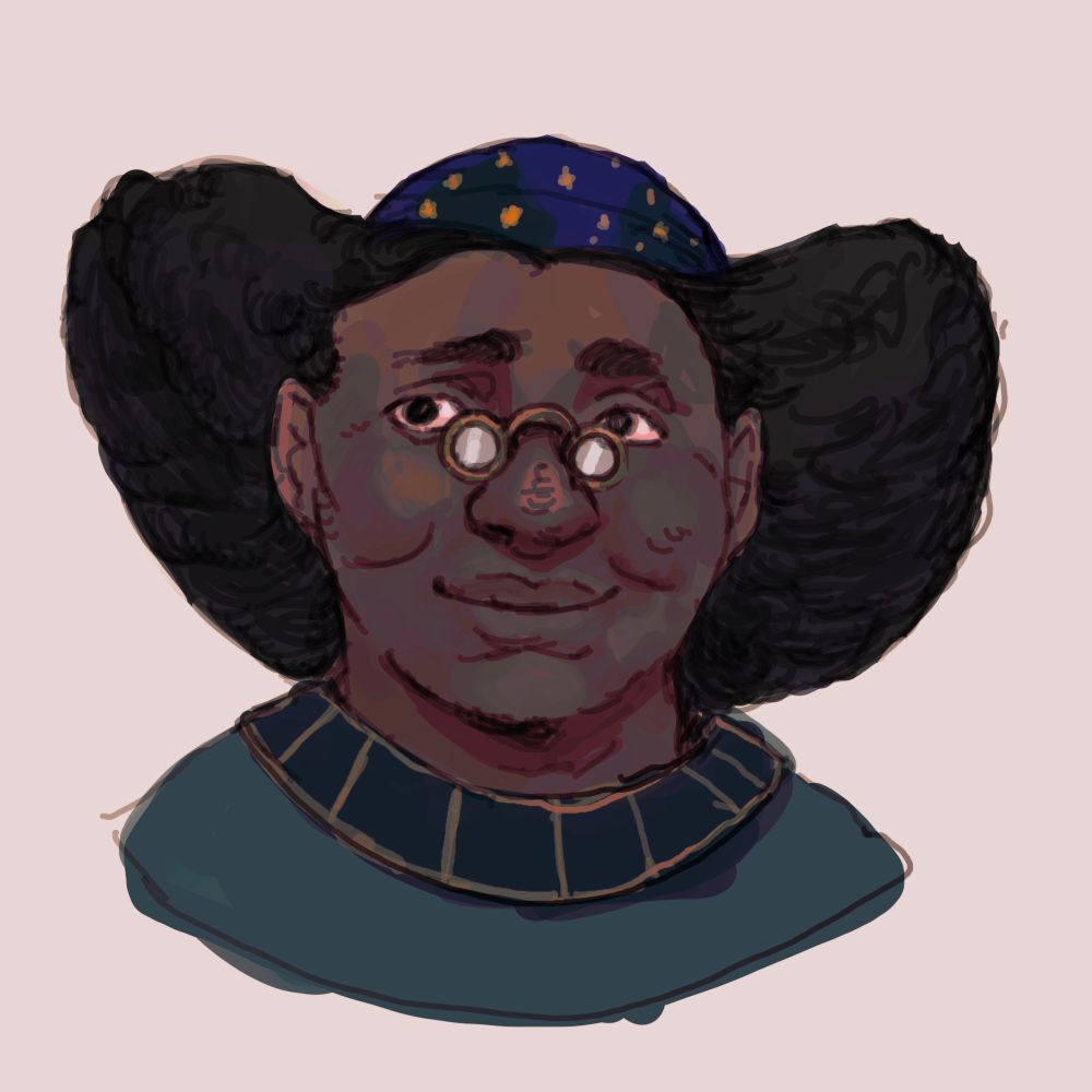 A headshot illustration of a black man with hair which fans out from his head beneath a close fitting blue cap dotted with gold stars. He is smiling and wear small medieval spectacles and a dark teal top.
